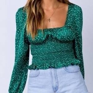Princess Polly Melvin Blouse Smocked Green White Polka Dot Size 2 Boho